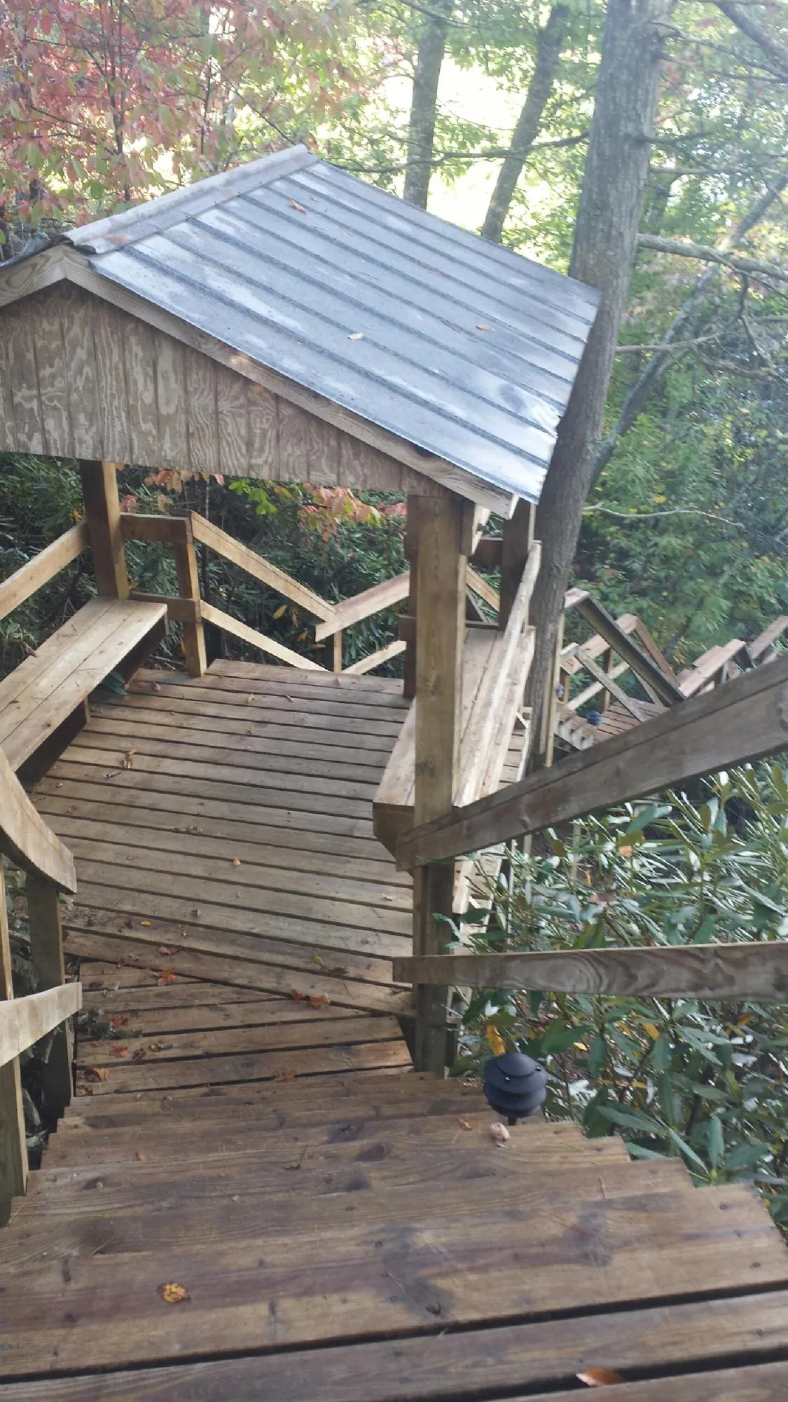 Metal roofed shelter over wooden steps on a wooded walkway — Skylight Repair & Installation work by our crew in Nicktown